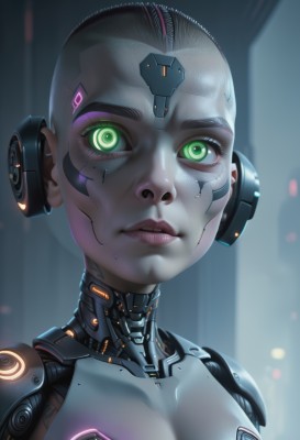 1girl,solo,breasts,looking at viewer,short hair,green eyes,upper body,parted lips,artist name,signature,blurry,lips,bodysuit,blurry background,glowing,headgear,watermark,portrait,glowing eyes,close-up,science fiction,realistic,nose,android,joints,cable,very short hair,cyborg,robot joints,neon trim,cyberpunk,mechanical parts,eyelashes,makeup,facial mark,forehead,eyeshadow,backlighting,eyeliner,mascara