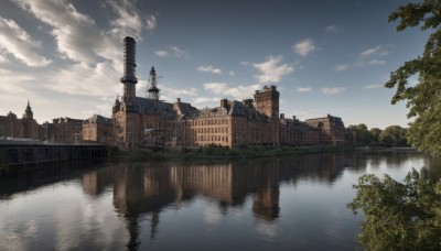 outdoors,sky,day,cloud,water,tree,blue sky,no humans,cloudy sky,building,scenery,reflection,city,bridge,river,castle,tower,reflective water,smokestack