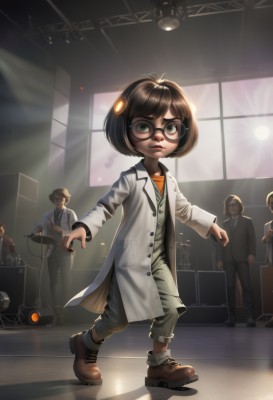 1girl,looking at viewer,short hair,bangs,multiple girls,brown hair,shirt,black hair,long sleeves,green eyes,standing,full body,multiple boys,necktie,shoes,glasses,solo focus,pants,indoors,lips,watermark,brown footwear,formal,bob cut,3boys,suit,robot,instrument,child,walking,science fiction,black-framed eyewear,4boys,realistic,round eyewear,labcoat,guitar,female child,orange shirt,playing instrument,drum,stage lights,hair ornament,boots,socks,facial hair,backlighting,nose,stage,spotlight