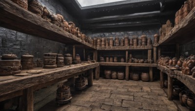 food,indoors,no humans,window,bottle,scenery,basket,bread,shelf,shop,barrel,crate,wood,table,wooden floor,fantasy,jar