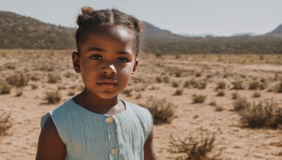 1girl,solo,looking at viewer,short hair,brown hair,shirt,black hair,1boy,brown eyes,closed mouth,upper body,male focus,outdoors,sleeveless,day,dark skin,hair bun,blurry,black eyes,dark-skinned female,lips,sleeveless shirt,double bun,buttons,blurry background,dark-skinned male,blue shirt,child,striped shirt,realistic,female child,field,very dark skin,photo background,jewelry,earrings,portrait