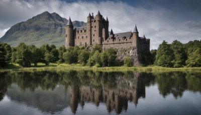 outdoors,sky,day,cloud,water,tree,blue sky,no humans,cloudy sky,grass,building,nature,scenery,forest,reflection,mountain,fantasy,river,castle,tower,landscape,lake,fog,reflective water