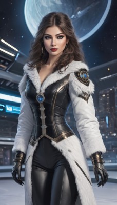 1girl,solo,long hair,breasts,looking at viewer,smile,brown hair,gloves,long sleeves,cleavage,brown eyes,jewelry,medium breasts,standing,collarbone,cowboy shot,earrings,sky,black gloves,pants,vest,lips,coat,fur trim,makeup,night,wavy hair,black pants,moon,lipstick,star (sky),night sky,full moon,eyeshadow,starry sky,science fiction,hoop earrings,white coat,red lips,space,planet,earth (planet),spacecraft,leather pants,mole,bracelet,bodysuit,curly hair,realistic,nose