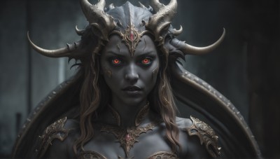 HQ,1girl,solo,long hair,breasts,looking at viewer,brown hair,black hair,red eyes,jewelry,upper body,parted lips,horns,armor,blurry,lips,blurry background,colored skin,shoulder armor,gem,portrait,colored sclera,dragon horns,pauldrons,grey skin,straight-on,black skin,black lips,cleavage,glowing eyes,close-up,realistic