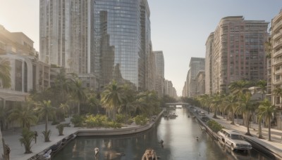 outdoors,sky,day,water,tree,no humans,ground vehicle,building,scenery,motor vehicle,reflection,city,palm tree,car,road,cityscape,bridge,lamppost,street,skyscraper,boat,people,real world location,sunlight,realistic,watercraft,river,truck