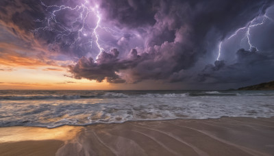 outdoors, sky, cloud, water, dutch angle, no humans, ocean, beach, cloudy sky, scenery, sunset, sand, horizon, electricity, waves, lightning, shore