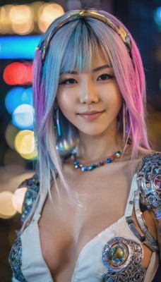 1girl,solo,long hair,breasts,looking at viewer,smile,bangs,blue eyes,large breasts,dress,cleavage,brown eyes,jewelry,medium breasts,closed mouth,blue hair,collarbone,upper body,pink hair,multicolored hair,hairband,earrings,blunt bangs,necklace,blurry,black eyes,two-tone hair,lips,gradient hair,depth of field,blurry background,realistic,nose,bead necklace,bokeh,pearl necklace,underwear,bra,cosplay,makeup,cyberpunk