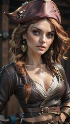 1girl,solo,long hair,breasts,looking at viewer,brown hair,shirt,long sleeves,hat,navel,cleavage,brown eyes,jewelry,medium breasts,collarbone,white shirt,upper body,weapon,braid,earrings,parted lips,midriff,belt,blurry,twin braids,lips,hand on hip,eyelashes,depth of field,blurry background,hair over shoulder,buckle,freckles,hands on hips,realistic,nose,bandana,red lips,brown belt,leather,pirate hat,pirate,multiple braids,blush,bra,ring