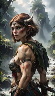 1girl,solo,breasts,short hair,brown hair,holding,brown eyes,jewelry,medium breasts,weapon,outdoors,parted lips,horns,day,pointy ears,sword,water,cape,holding weapon,armor,from side,tree,lips,fur trim,tattoo,muscular,facial mark,feathers,knife,nature,armlet,forest,freckles,circlet,realistic,nose,muscular female,vambraces,dagger,facepaint,green eyes,midriff,blood,injury,fantasy,waterfall