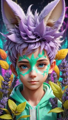 solo,looking at viewer,short hair,blue eyes,1boy,animal ears,closed mouth,upper body,purple hair,flower,male focus,artist name,hood,blurry,lips,animal ear fluff,fox ears,eyelashes,hoodie,leaf,facial mark,hood down,plant,portrait,extra ears,freckles,nose,purple flower,drawstring,facepaint,fox boy,child,sunflower,male child