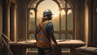 solo,brown hair,shirt,1boy,hat,standing,short sleeves,male focus,pants,artist name,indoors,dark skin,from behind,vest,tree,window,watermark,sunlight,dark-skinned male,helmet,scenery,web address,sunset,sun,pillar,cowboy shot,shorts,facial hair,table,blue shirt,denim