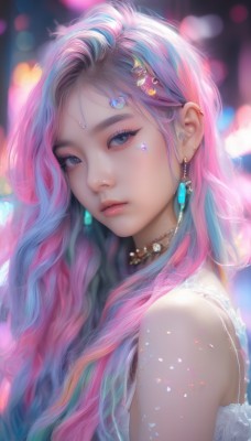 1girl,solo,long hair,looking at viewer,blue eyes,hair ornament,bare shoulders,jewelry,closed mouth,blue hair,upper body,pink hair,multicolored hair,earrings,choker,hairclip,necklace,star (symbol),blurry,from side,two-tone hair,lips,looking to the side,grey eyes,eyelashes,makeup,depth of field,blurry background,wavy hair,facial mark,piercing,gem,ear piercing,portrait,eyeshadow,realistic,nose,bokeh,mascara,bangs,purple hair,sleeveless,artist name,streaked hair,expressionless,pink lips,forehead jewel,pearl (gemstone),head chain