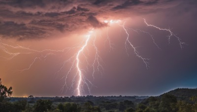 outdoors,sky,cloud,tree,no humans,cloudy sky,nature,scenery,forest,sunset,mountain,electricity,lightning,landscape,water,grass,horizon,silhouette