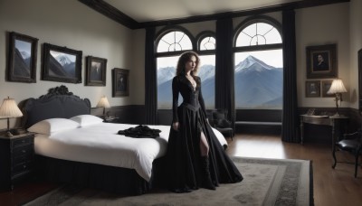 1girl,solo,long hair,breasts,looking at viewer,brown hair,black hair,long sleeves,dress,cleavage,jewelry,medium breasts,closed mouth,standing,full body,boots,day,indoors,necklace,black footwear,black dress,high heels,pillow,book,window,bed,shadow,on bed,chair,table,knee boots,curtains,scenery,couch,wooden floor,long dress,lamp,photo (object),bedroom,wide shot,picture frame,painting (object),piano,carpet,drawer,picture (object),rug,chest of drawers,weapon,gun,mountain