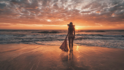 1girl, solo, long hair, hat, standing, outdoors, sky, cloud, water, from behind, dutch angle, ocean, beach, cloudy sky, scenery, walking, sun hat, sunset, horizon