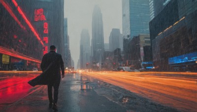 solo,short hair,black hair,long sleeves,1boy,standing,male focus,outdoors,sky,pants,from behind,black footwear,coat,night,black pants,ground vehicle,building,scenery,motor vehicle,reflection,walking,rain,black coat,city,sign,facing away,car,road,cityscape,street,skyscraper,puddle,shoes,bird,science fiction,wide shot,lamppost,city lights,neon lights,crosswalk