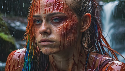 1girl, solo, long hair, blue eyes, upper body, multicolored hair, dark skin, blurry, lips, wet, eyelashes, blood, blurry background, looking away, portrait, rain, blood on face, realistic, nose, wet hair