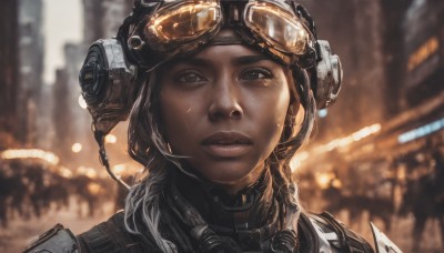 1girl,solo,long hair,looking at viewer,brown hair,brown eyes,parted lips,dark skin,blurry,dark-skinned female,lips,depth of field,blurry background,helmet,goggles,building,portrait,headset,science fiction,goggles on head,realistic,nose,black hair,close-up,freckles,cyberpunk