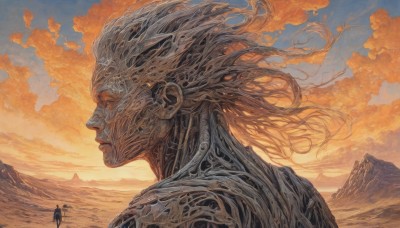 solo,long hair,1boy,closed mouth,standing,weapon,male focus,outdoors,multiple boys,sky,cloud,from behind,armor,from side,profile,floating hair,cloudy sky,scenery,1other,sunset,mountain,fantasy,giant,mountainous horizon,ambiguous gender,orange sky,desert,closed eyes,white hair,day,2boys,blue sky,walking,multiple others,2others,orange theme