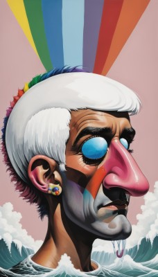 1girl,solo,short hair,blue eyes,1boy,jewelry,white hair,earrings,cloud,dark skin,water,dark-skinned female,lips,facial hair,ocean,portrait,realistic,nose,mustache,facepaint,rainbow,waves,very dark skin,mount fuji,male focus,parody,mountain,old,old man,sunburst,fine art parody