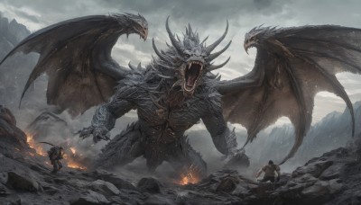 open mouth,1boy,holding,standing,tail,weapon,outdoors,multiple boys,wings,horns,sky,teeth,sword,cloud,holding weapon,armor,fangs,holding sword,helmet,cloudy sky,fire,sharp teeth,claws,monster,rock,mountain,fantasy,dragon,size difference,battle,giant,grey sky,breathing fire,2boys,3boys,spikes,scales,multiple others,overcast