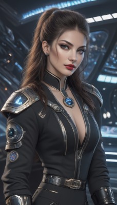 1girl,solo,long hair,breasts,looking at viewer,brown hair,gloves,long sleeves,cleavage,brown eyes,jewelry,medium breasts,collarbone,upper body,ponytail,earrings,parted lips,choker,belt,armor,blurry,lips,bodysuit,makeup,blurry background,lipstick,eyeshadow,science fiction,nose,red lips,eyeliner,closed mouth,signature,necklace,realistic,emblem