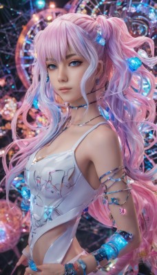 1girl,solo,long hair,breasts,looking at viewer,bangs,blue eyes,hair ornament,cleavage,twintails,jewelry,upper body,pink hair,multicolored hair,earrings,small breasts,parted lips,choker,necklace,bracelet,lips,wavy hair,gem,armlet,crystal,realistic,bare shoulders,medium breasts,closed mouth,artist name,from side,hand on hip,gradient hair,ring,nose