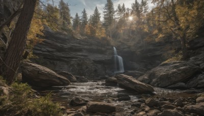 outdoors,sky,day,cloud,water,tree,no humans,bird,sunlight,cloudy sky,grass,nature,scenery,forest,light rays,rock,mountain,river,waterfall,landscape,cliff,sun,stream