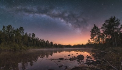 outdoors,sky,cloud,water,tree,no humans,night,grass,star (sky),nature,night sky,scenery,forest,starry sky,reflection,sunset,rock,river,gradient sky,reflective water,plant,twilight,landscape,lake