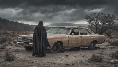 1boy,standing,outdoors,sky,cloud,tree,no humans,cloudy sky,ground vehicle,scenery,cloak,motor vehicle,car,vehicle focus,black cloak,grey sky,overcast,1girl,solo,long hair,black hair,very long hair,from behind,grass,mountain,facing away,road