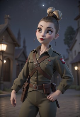 1girl,solo,blonde hair,brown hair,shirt,long sleeves,brown eyes,jewelry,closed mouth,standing,jacket,weapon,cowboy shot,earrings,outdoors,sky,belt,pants,artist name,hair bun,star (symbol),blurry,uniform,tree,lips,gun,looking to the side,military,military uniform,makeup,night,blurry background,moon,single hair bun,lipstick,building,star (sky),night sky,buckle,pocket,pouch,belt buckle,green jacket,red lips,brown belt,holster,belt pouch,lamppost,green pants,world war ii,soldier,holstered weapon,soviet,smile,breast pocket,house,military jacket