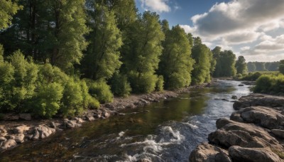 outdoors,sky,day,cloud,water,tree,blue sky,no humans,sunlight,cloudy sky,grass,nature,scenery,forest,rock,river,landscape,stream,plant,bush