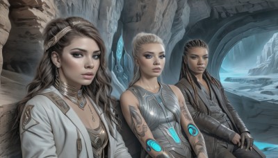 long hair,breasts,looking at viewer,blue eyes,multiple girls,blonde hair,brown hair,black hair,1boy,2girls,brown eyes,jewelry,weapon,earrings,dark skin,necklace,lips,grey eyes,tattoo,science fiction,realistic,animification,hair pulled back,cave,gloves,sitting,jacket,3girls,fingerless gloves,dark-skinned female,siblings,dreadlocks