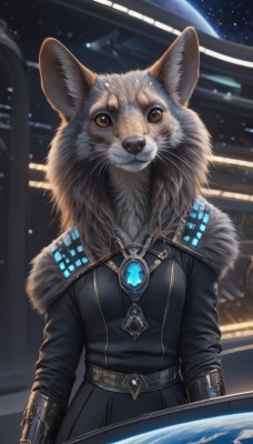 1girl,solo,breasts,looking at viewer,long sleeves,dress,brown eyes,jewelry,upper body,belt,signature,black dress,no humans,animal,brooch,gem,star (sky),furry,fur collar,furry female,space,body fur,animal focus,white fur,straight-on,planet,whiskers,earth (planet),fluffy,small breasts,fur trim,science fiction,realistic