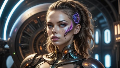 HQ,1girl,solo,long hair,looking at viewer,blue eyes,brown hair,hair ornament,jewelry,upper body,earrings,parted lips,blurry,lips,makeup,blurry background,portrait,forehead,science fiction,realistic,nose,cyborg,hair pulled back,cyberpunk,blonde hair,black hair,multicolored hair,teeth,eyelashes,bodysuit,glowing,facial mark,lipstick,messy hair,close-up,eyeshadow,backlighting,eyeliner,hologram