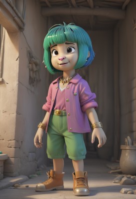 1girl,solo,looking at viewer,smile,short hair,bangs,shirt,brown eyes,jewelry,closed mouth,standing,jacket,full body,short sleeves,multicolored hair,earrings,boots,outdoors,green hair,open clothes,shoes,shorts,belt,pants,blunt bangs,necklace,bag,blurry,black eyes,flat chest,bracelet,open jacket,buttons,shadow,brown footwear,piercing,thick eyebrows,ear piercing,child,buckle,sleeves rolled up,pink shirt,belt buckle,purple shirt,unbuttoned,female child,bangle,pink jacket,purple jacket,male child,green shorts,green pants,alley,blue hair,lips