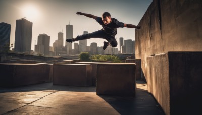 solo,short hair,shirt,black hair,gloves,1boy,male focus,outdoors,shoes,pants,black footwear,black shirt,black pants,outstretched arms,t-shirt,building,sneakers,jumping,city,realistic,cityscape,brown hair,sky,facial hair,kicking,skyscraper