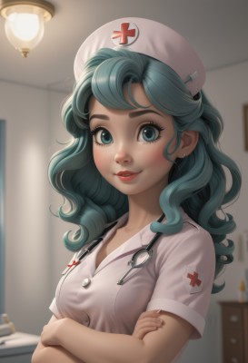 1girl,solo,long hair,breasts,looking at viewer,blush,smile,bangs,blue eyes,shirt,hat,jewelry,medium breasts,upper body,short sleeves,earrings,parted lips,green hair,artist name,indoors,nail polish,blurry,aqua eyes,lips,fingernails,eyelashes,aqua hair,buttons,depth of field,blurry background,wavy hair,crossed arms,cross,freckles,curly hair,nurse cap,stud earrings,nurse,lamp,stethoscope,ceiling light,red cross,watermark,red lips