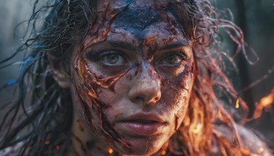 1girl,solo,long hair,looking at viewer,black hair,1boy,brown eyes,closed mouth,male focus,parted lips,blurry,lips,blood,depth of field,blurry background,fire,messy hair,portrait,freckles,blood on face,realistic,nose,embers,burning,ribbon,close-up,dirty