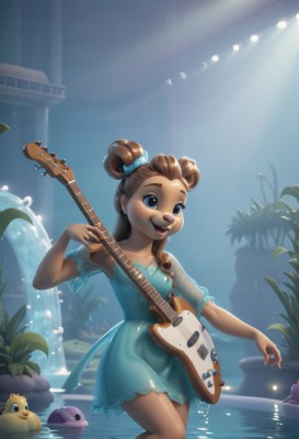 1girl,solo,long hair,breasts,smile,open mouth,blue eyes,brown hair,hair ornament,dress,bow,holding,standing,collarbone,short sleeves,:d,hair bow,small breasts,outdoors,teeth,indoors,water,hair bun,see-through,double bun,blue dress,upper teeth only,short dress,scrunchie,standing on one leg,plant,instrument,furry,wading,music,guitar,potted plant,playing instrument,holding instrument,electric guitar,waterfall,lips,makeup,watermark,sunlight,single hair bun,lipstick,eyeshadow,rubber duck,spotlight,aqua dress