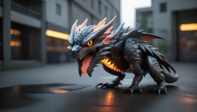 HQ,solo,open mouth,tail,full body,yellow eyes,outdoors,wings,teeth,tongue,blurry,orange eyes,no humans,blurry background,fangs,sharp teeth,building,claws,spikes,colored sclera,monster,city,dragon,road,scales,street,kaijuu,dinosaur