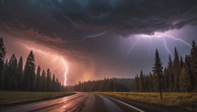 outdoors,sky,cloud,tree,no humans,cloudy sky,grass,nature,scenery,forest,sunset,mountain,electricity,road,power lines,lightning,landscape,path,field