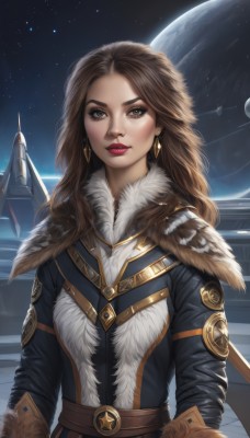 1girl,solo,long hair,looking at viewer,brown hair,brown eyes,jewelry,upper body,earrings,sky,belt,lips,fur trim,makeup,night,lipstick,star (sky),starry sky,nose,red lips,space,planet,earth (planet),spacecraft,parted lips,artist name,signature,moon,forehead,fur collar,realistic,aircraft,emblem