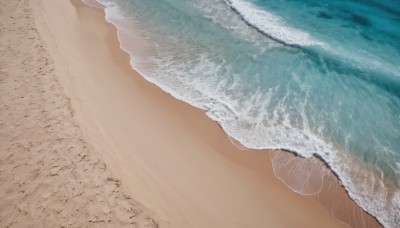 solo,outdoors,day,water,no humans,ocean,beach,scenery,close-up,realistic,sand,waves,shore,from above,footprints