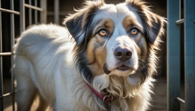 HQ,solo,yellow eyes,blurry,collar,orange eyes,no humans,animal,cat,looking up,dog,realistic,door,animal focus,whiskers,looking at viewer,open mouth,signature,close-up,red collar,animal collar