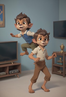 smile,short hair,open mouth,brown hair,shirt,animal ears,brown eyes,standing,full body,white shirt,short sleeves,male focus,multiple boys,barefoot,pointy ears,collared shirt,pants,indoors,2boys,vest,blue shirt,child,furry,furry male,male child,brown pants,television,looking at viewer,long sleeves,:d,teeth,belt,book,buttons,upper teeth only,watermark,extra ears,clenched hands,running,blue vest,coin,brown shorts,buck teeth