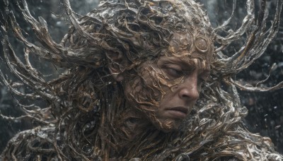 solo,1boy,closed mouth,male focus,horns,armor,blurry,lips,blurry background,helmet,portrait,rain,snowing,realistic,antlers,closed eyes,from side