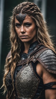 1girl,solo,long hair,looking at viewer,blue eyes,blonde hair,brown hair,closed mouth,upper body,braid,dark skin,armor,mole,lips,wavy hair,shoulder armor,freckles,curly hair,pauldrons,breastplate,realistic,nose,chainmail,serious