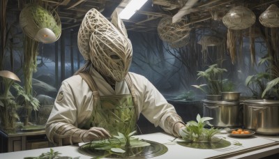 solo,shirt,long sleeves,1boy,holding,upper body,male focus,food,indoors,apron,tree,window,night,leaf,table,plant,nature,scenery,1other,plate,fish,mushroom,ambiguous gender,vegetable,gloves,helmet,knife