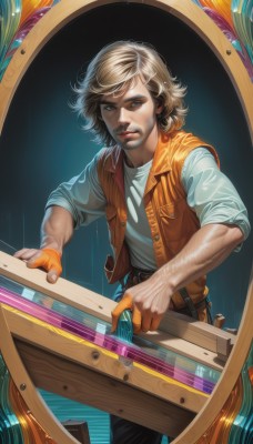 solo,looking at viewer,short hair,blue eyes,blonde hair,shirt,gloves,1boy,standing,white shirt,male focus,parted lips,open clothes,belt,pants,vest,lips,facial hair,watermark,black pants,instrument,beard,brown gloves,sleeves rolled up,single glove,freckles,realistic,nose,leather,playing instrument,open vest,teeth,web address,rain,blue vest